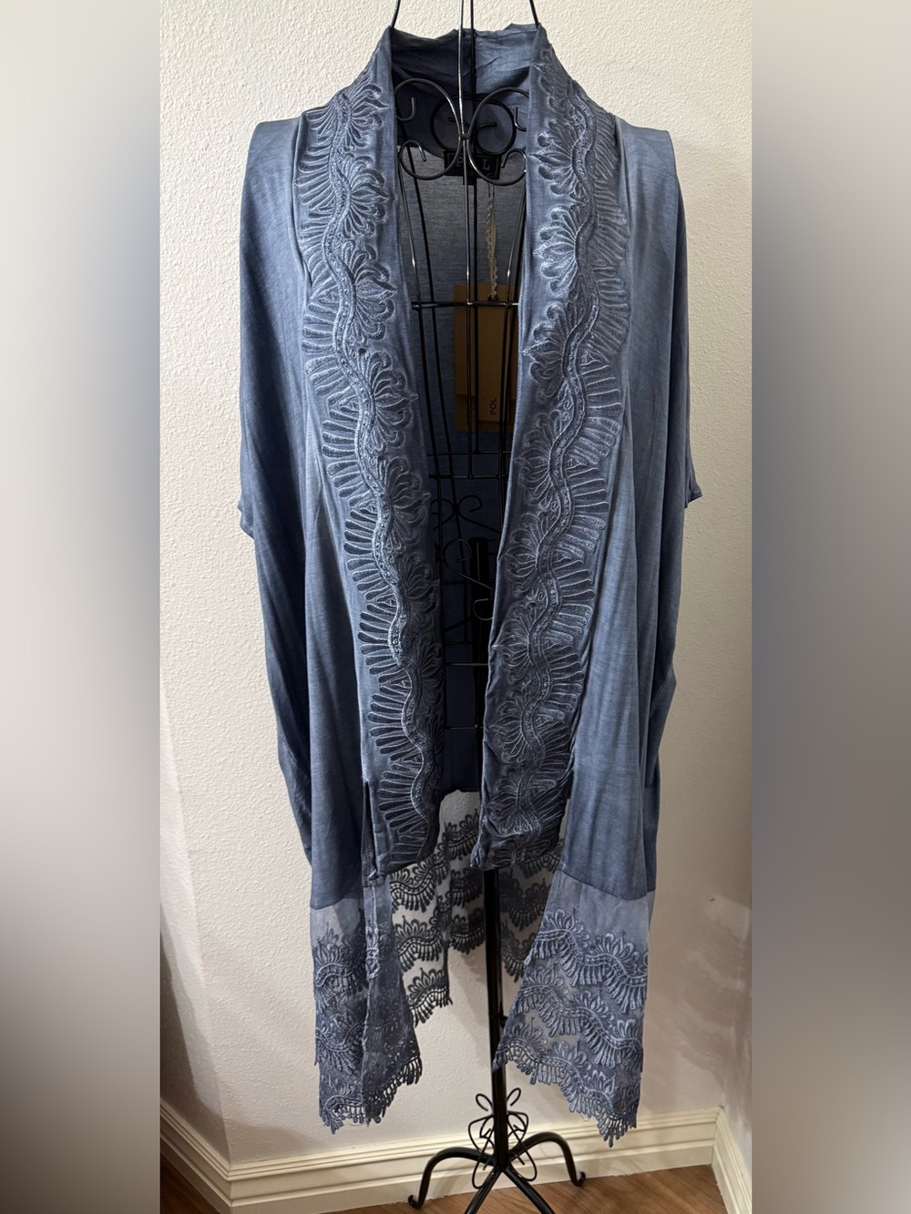 POL Slate Blue Embroidered Lace Duster Cardigan Boho Oversized XLG Kimono
